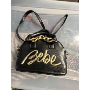 Bebe Black Mini Dome Satchel Crossbody Bag Gold Logo Chain Textured Handbag